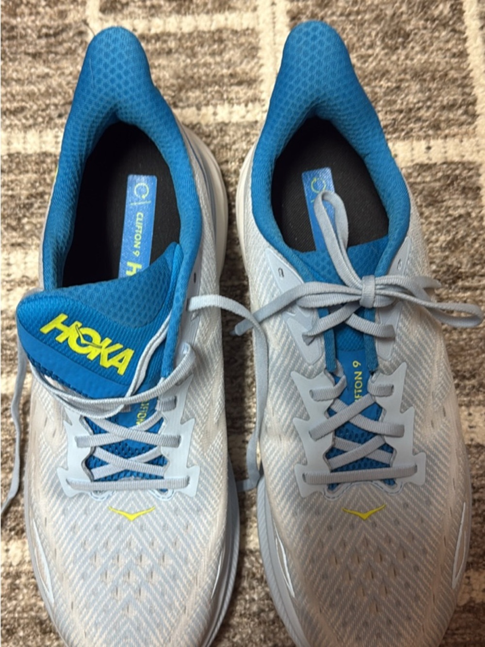 Hoka Clifton 9 Athletic Shoes in Light Gray and Blue